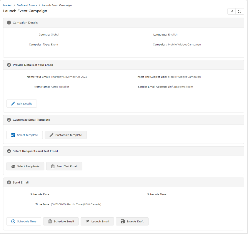 View Events page with Created By You tab active, showing Firewall Widget CX Event May 2024 in list view with Preview, Delete, Launch and Set-Up action buttons — Launch is highlighted