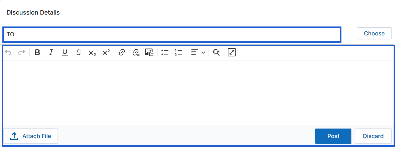 Discussion Details box with TO field, rich-text editor toolbar, Attach File button, and Post/Discard actions