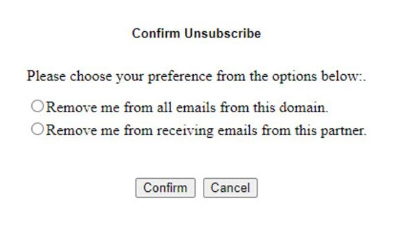 Sample Widget email campaign showing a 'To no longer receive our emails, click to unsubscribe' link at the very bottom of the email footer