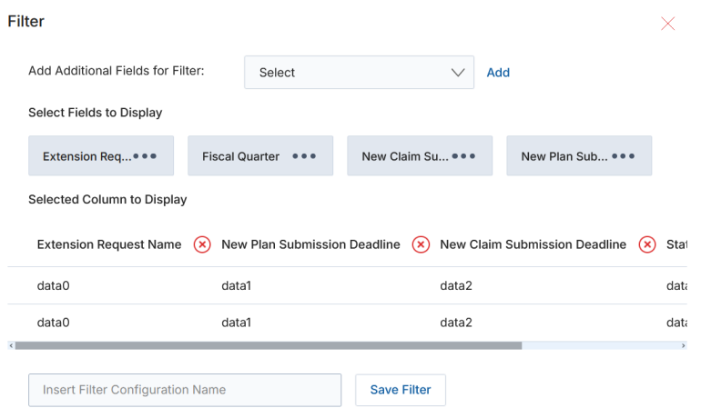 Filter panel for Extension Requests view with Extension Request Name, Fiscal Quarter, New Claim Submission, New Plan Submission, and Status fields
