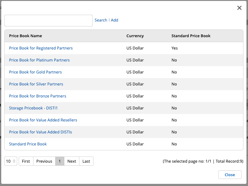 Price Book picker for Invoice showing Price Book Name, Currency, and Standard Price Book indicator columns