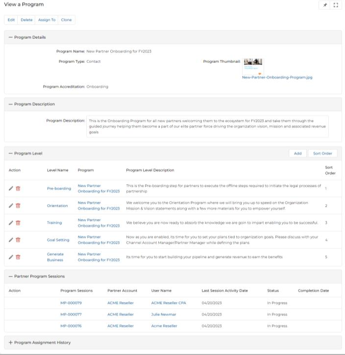 View a My Program page — showing My Program Details with session ID, status, and My Program Level related list