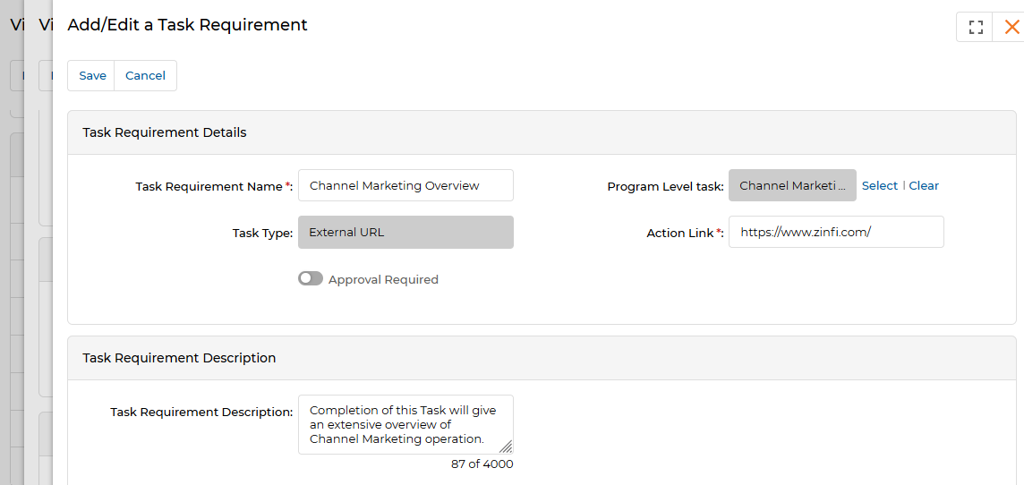 Add/Edit a Program Level Task — File Upload type with task name, time estimate, and description fields