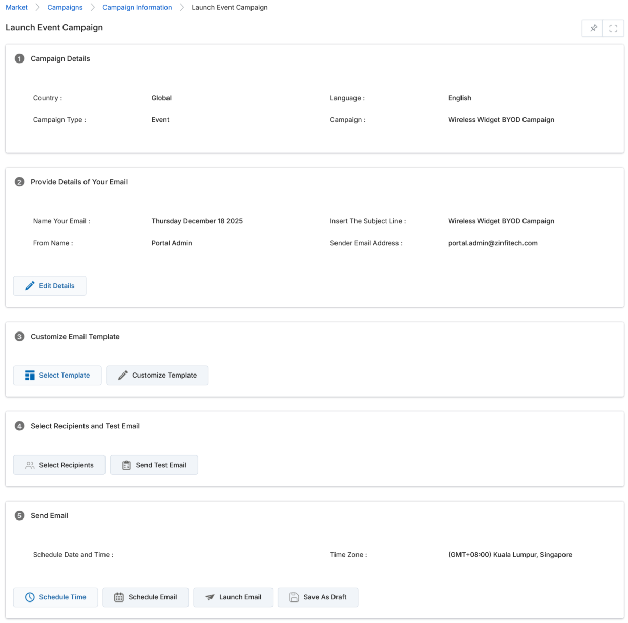 Launch Event Campaign page — five-step workflow: Campaign Details, Email Details, Customize Template, Select Recipients, Send Email