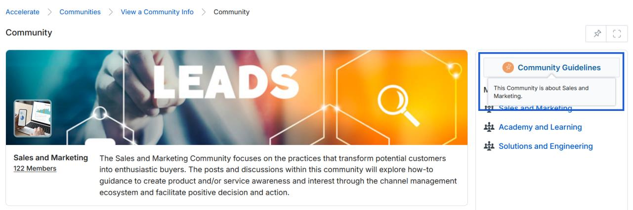 Community page showing the Sales and Marketing community with tooltip visible in the Community Guidelines panel