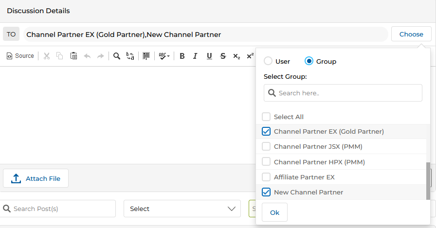 Discussion Details box with TO field, embedded editor, Attach File button, Post and Discard buttons