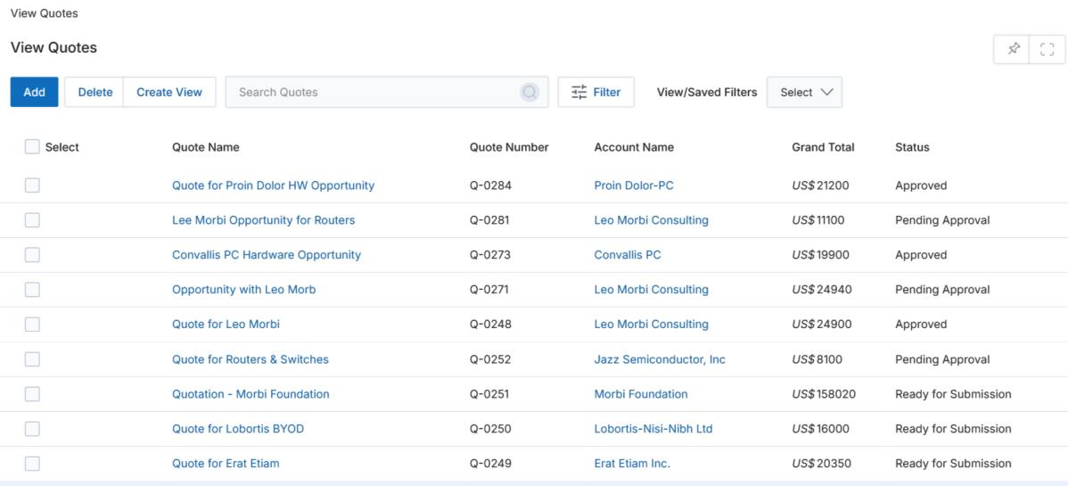 View Quotes list showing Quote Name, Quote Number, Account Name, Grand Total, and Status columns