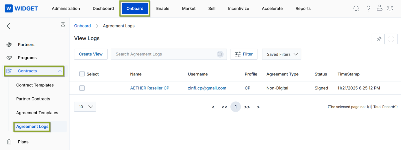 View Logs page — AETHER Reseller CP entry showing Non-Digital type, Signed status, and timestamp
