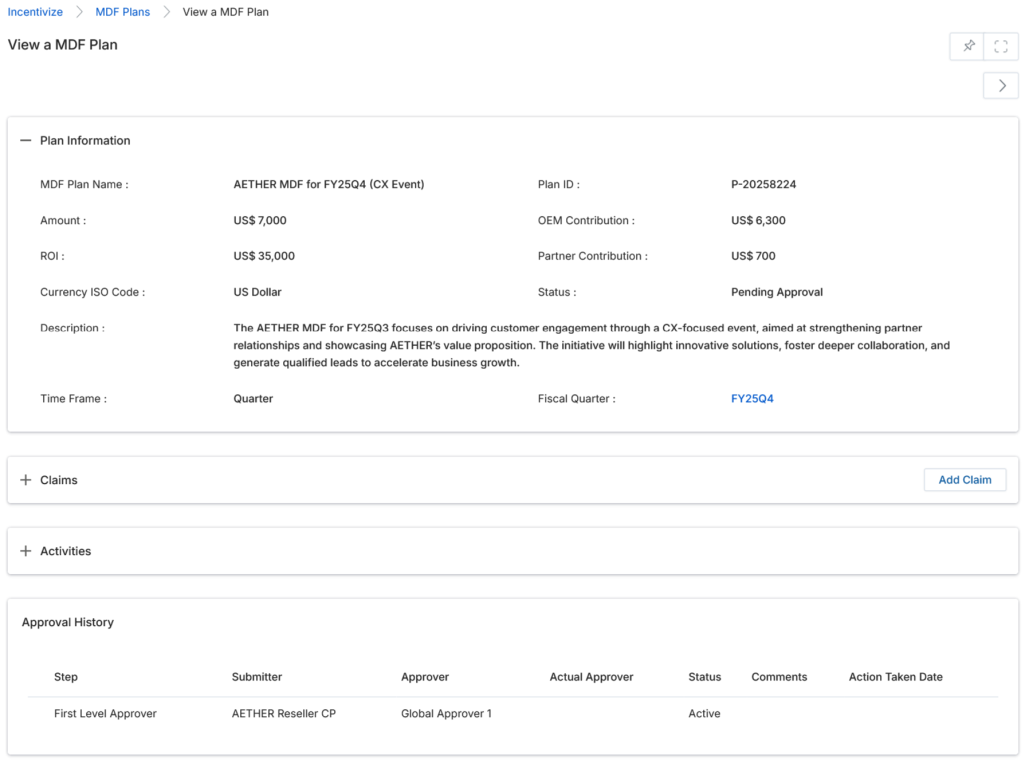 View a MDF Plan detail page showing Plan Information, Claims, Activities, and Approval History sections