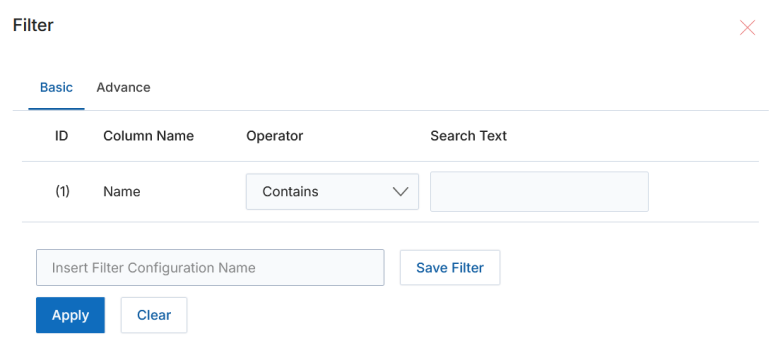 Filter pane with Basic tab showing Name / Contains search configuration