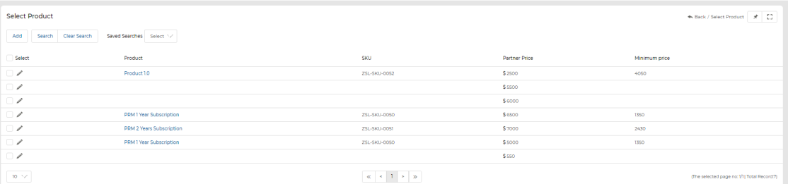 Select Product modal showing Product ID, SKU, Partner Price, and Minimum Price columns with checkboxes