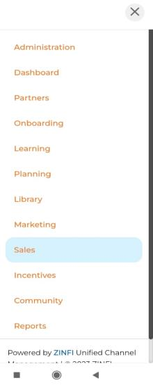Sales module selected from the Top Zone right-hand menu