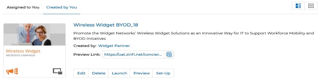 View Microsites list showing a Wireless Widget BYOD entry with a Preview Link and Copy to Clipboard icon