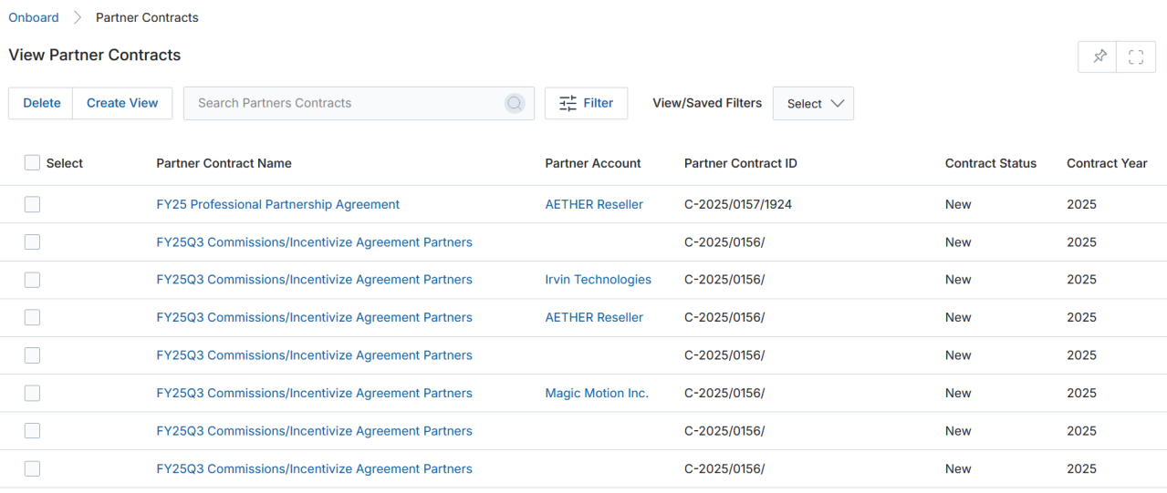 View Partner Contracts — contract listing with multiple records showing status as New and Signed