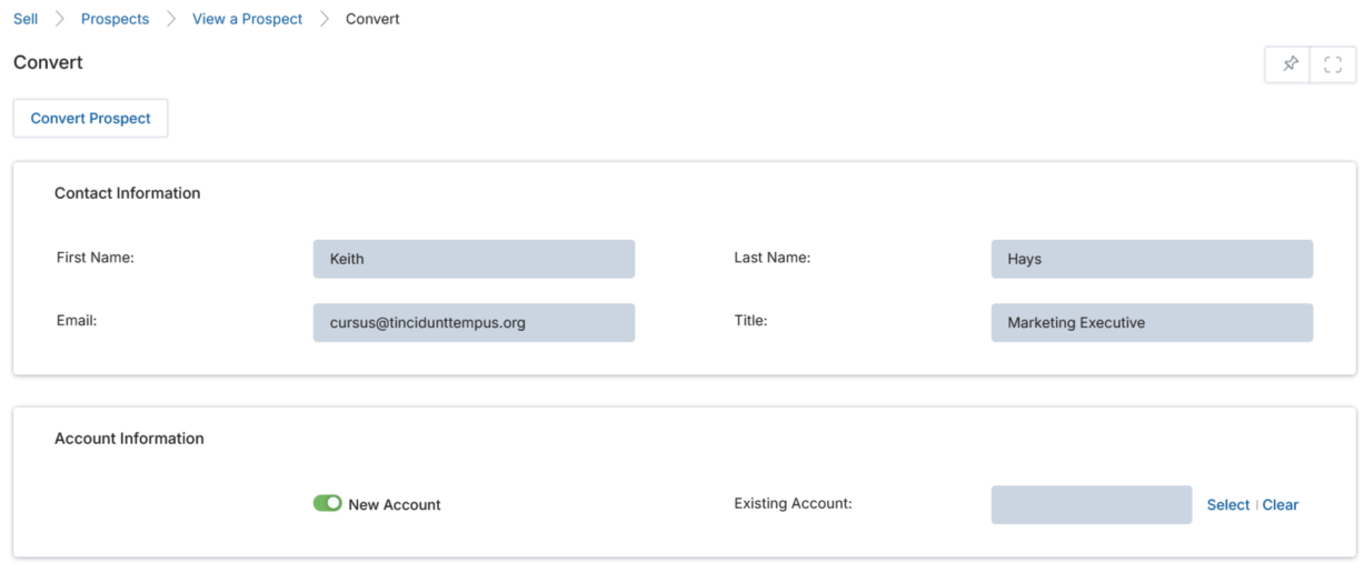 Convert Prospect page — contact info and account selection