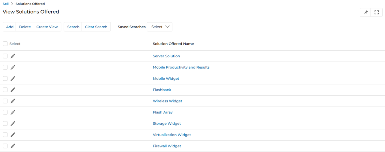 View a Solution Offered — Solution Offered Name detail page with Edit and Delete buttons