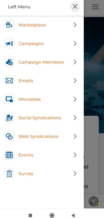 Marketing left-hand sub-menu showing Marketplace, Campaigns, Campaign Members, Emails, Microsites, Social Syndications, Web Syndications, Events, Survey