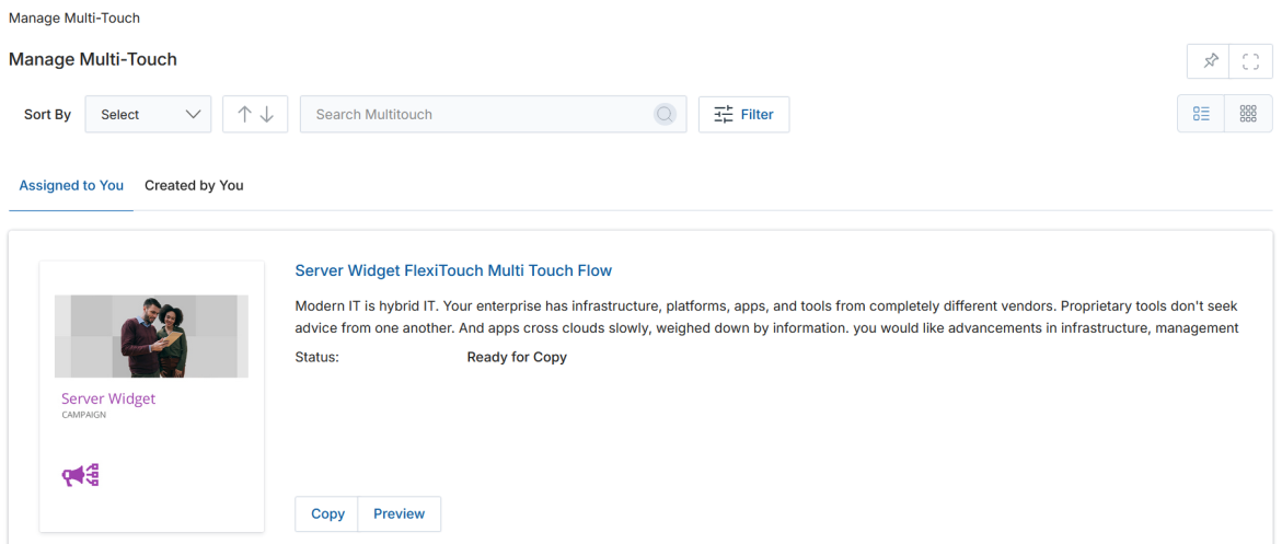 Manage Multi-Touch page showing Assigned to You tab with Server Widget FlexiTouch Multi Touch Flow listed with Status: Ready for Copy, and Copy and Preview buttons