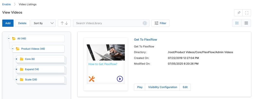 View Videos — List View showing video details, directory, dates, and action buttons