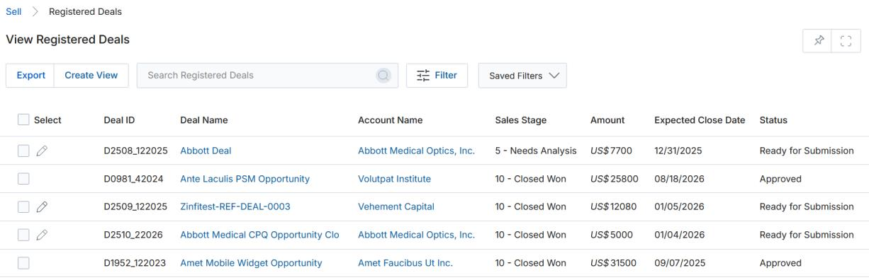 View Registered Deals — filtered results showing records matching the applied search criteria, with Filter badge count and clear X button in the toolbar