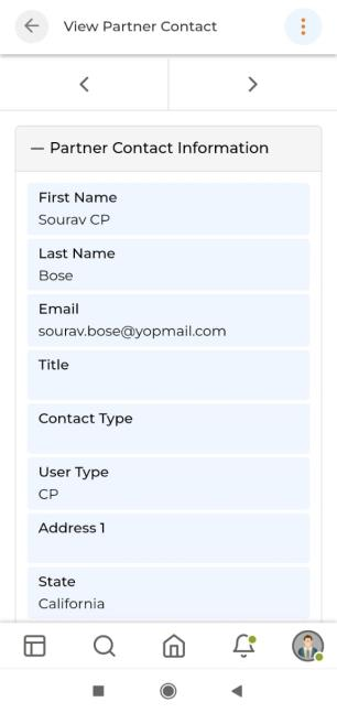 View Partner Contact detail showing First Name, Last Name, Email, Title, Contact Type, User Type, Address, State