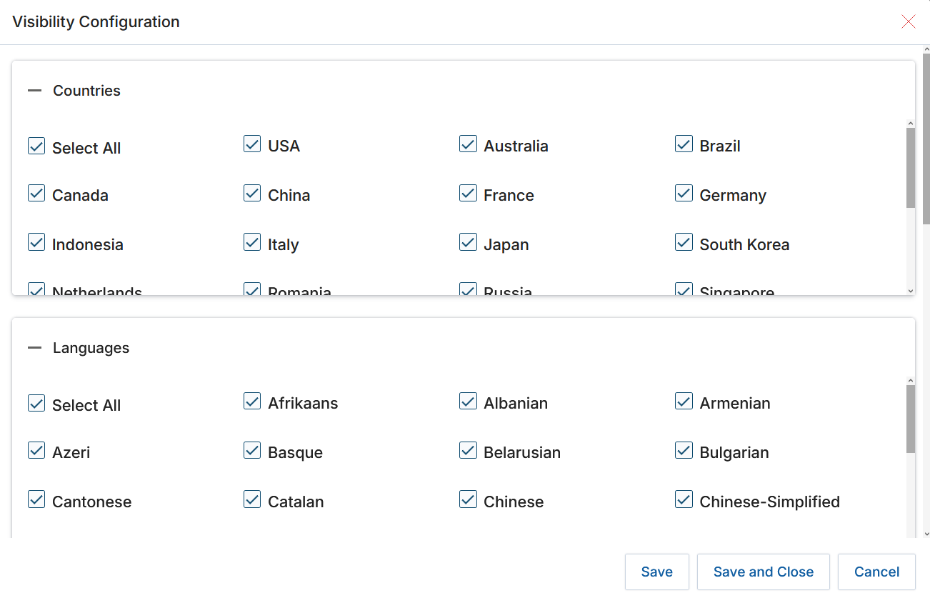 View Campaigns list with Visibility Configuration button highlighted on the Server Widget FlexiTouch Campaign row