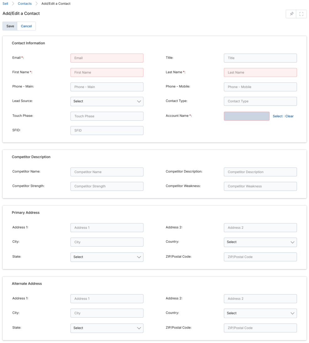 Add/Edit a Contact — form with Contact Information, Competitor Description, and Addresses