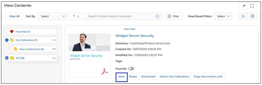 View Contents list view showing Widget Server Security card with View button highlighted in a blue box