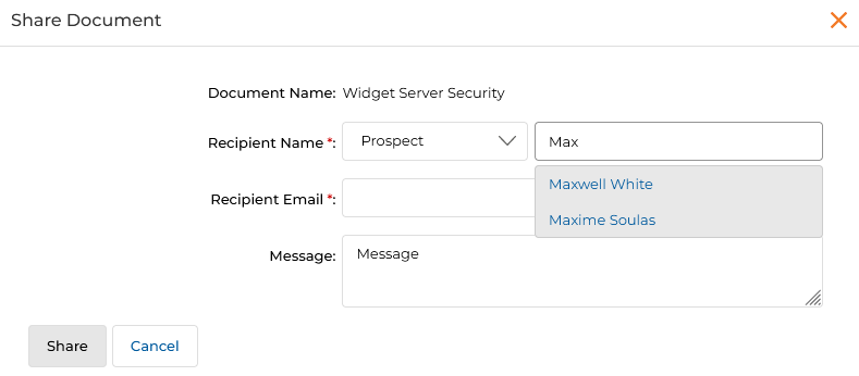 Share Document with name search showing Recipient Name typed as Max with Maxwell White and Maxime Soulas suggestions