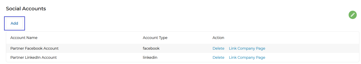 Social Accounts list with Add button highlighted and existing Partner Facebook Account and Partner LinkedIn Account entries