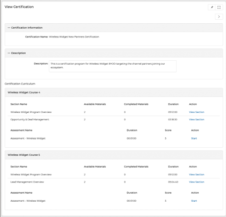 View Certification panel showing Certification Curriculum with two courses each having their own assessment