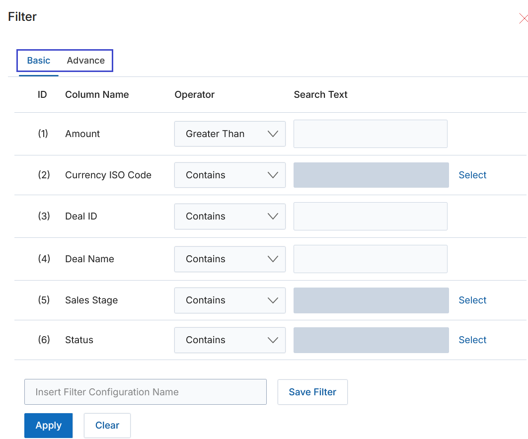Filter panel — Basic tab showing Amount, Currency ISO Code, Deal ID, Deal Name, Sales Stage, and Status filter rows