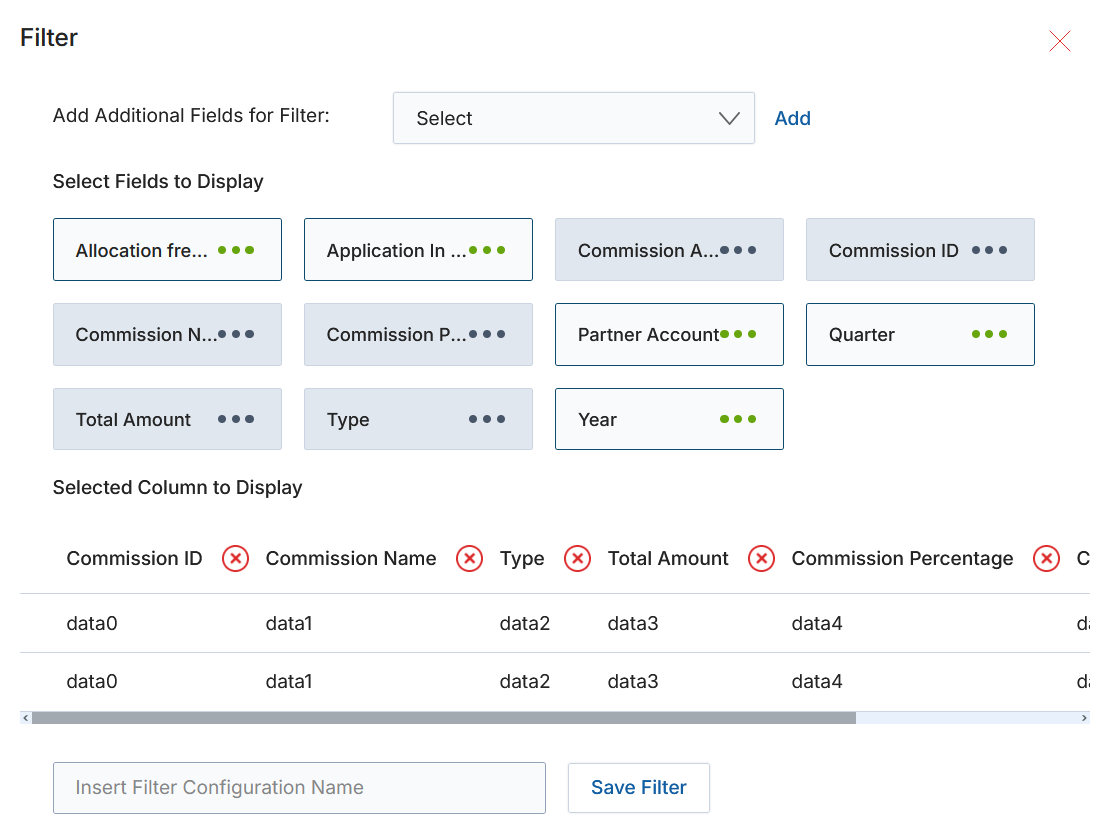 View Sales Commissions list grid and Filter panel for creating a custom view