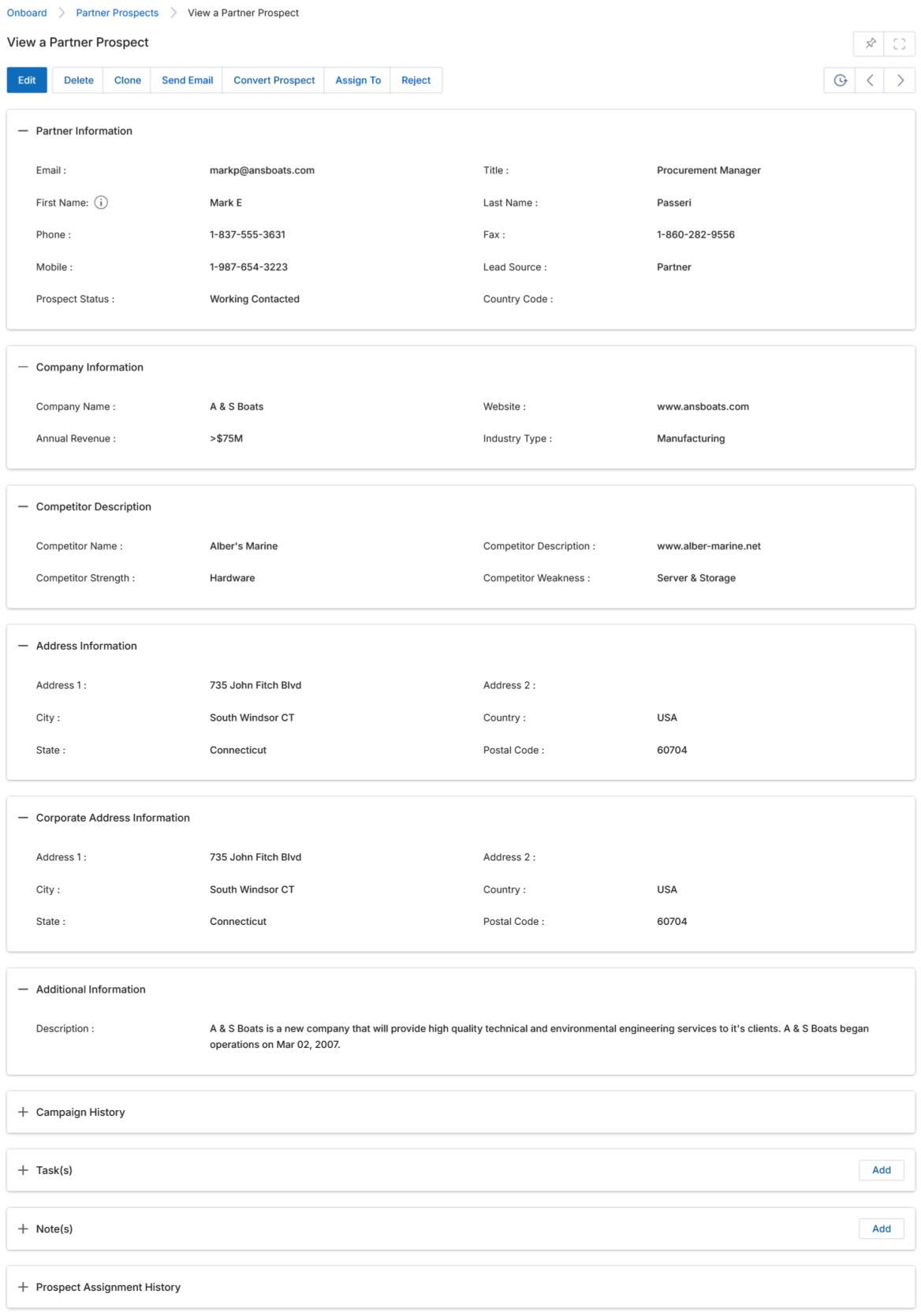 View a Partner Prospect detail page showing Partner Information, Company Information, Competitor Description, Address Information, Additional Information, and related sections