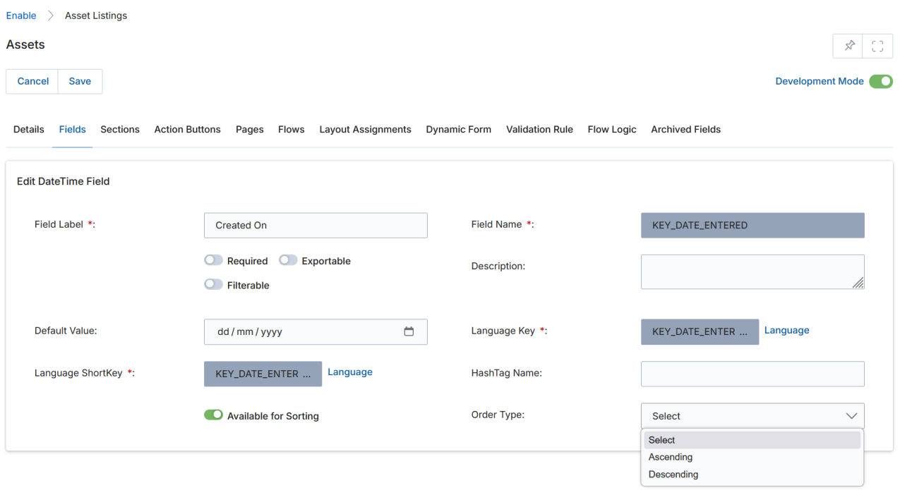 Sort By control and ascending/descending arrow buttons