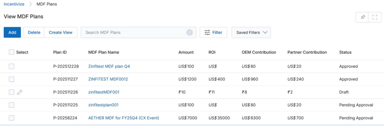 View MDF Plans listing grid with columns: Plan ID, MDF Plan Name, Amount, ROI, OEM Contribution, Partner Contribution, Status — showing Approved, Draft, and Pending Approval records