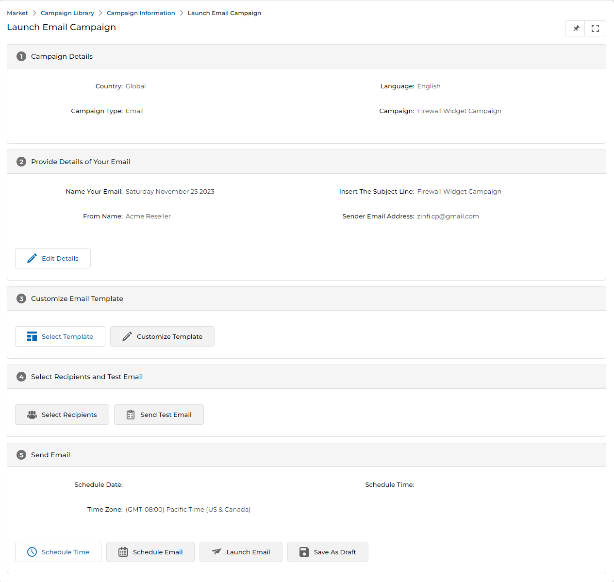 Select Recipients and Test Email section showing Server Widget Multi-Touch list (Prospects, 44 recipients) and Select Recipients and Send Test Email buttons