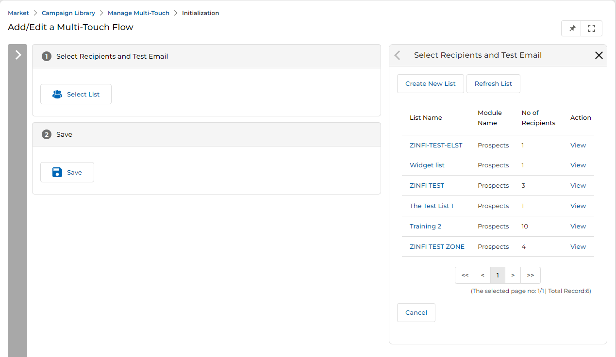 Add/Edit a Multi-Touch Flow page with Select Recipients and Test Email panel open showing lists: ZINFI-TEST-ELST, Widget list, ZINFI TEST, The Test List 1, Training 2, ZINFI TEST ZONE — with recipient counts and View links