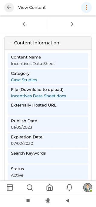 View Content detail showing Content Name, Category, File, Externally Hosted URL, Publish Date, Expiration Date, Search Keywords, Status