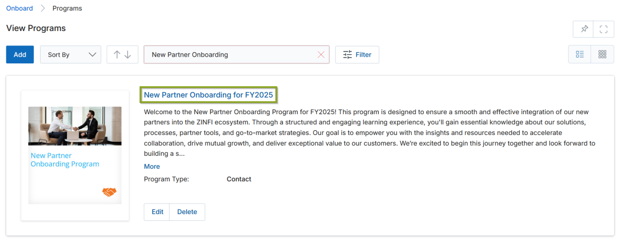 View a Program page — action buttons and collapsible section layout