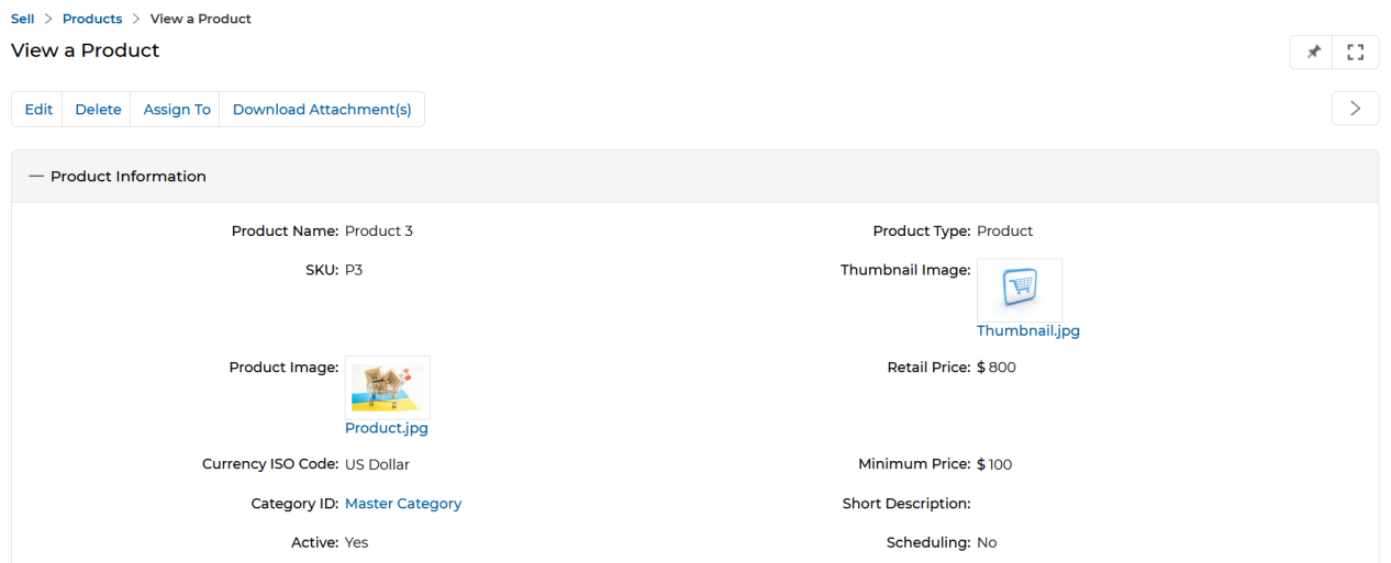 View a Product — Product Information section showing Name, Type, SKU, Thumbnail, Product Image, Retail Price, Currency, Minimum Price, Category, Short Description, Active, Scheduling, Solution Offered, MDF Eligible, Rebate Eligible, Commission Eligible