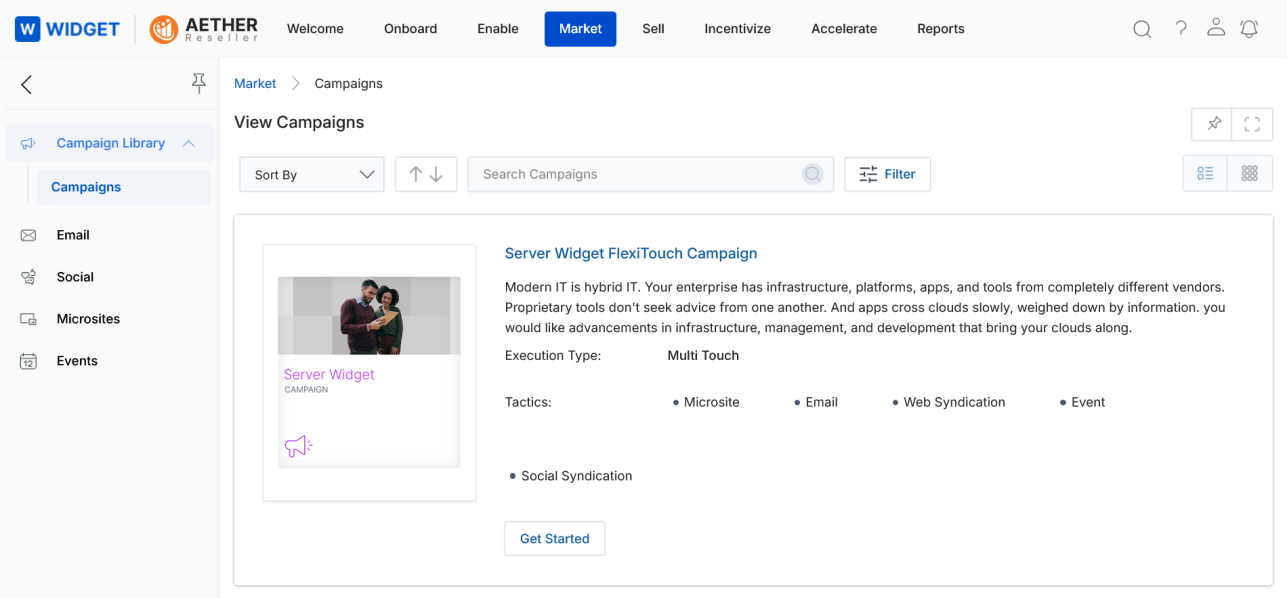 View Campaigns page (partner view) showing Server Widget FlexiTouch Campaign in list view with Get Started button