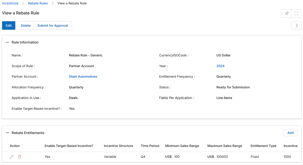 View a Rebate Rule with Rebate Entitlements table showing one row: Enable Target-Based Incentive Yes, Incentive Structure Variable, Time Period Q4, Min Sales Range US$100, Max Sales Range US$100,000, Entitlement Type Fixed, Incentive 1000