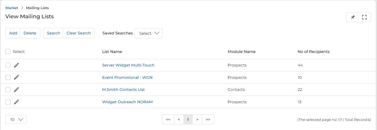 Add/Edit a List page showing Mailing List Information section with List Name field, Module Name (Prospects) and Select module for Import fields, with Save and Cancel buttons