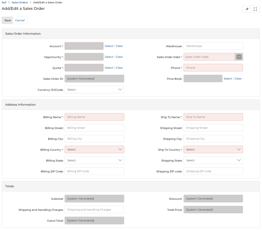 Add/Edit a Sales Order form showing Sales Order Information, Address Information, and Totals sections