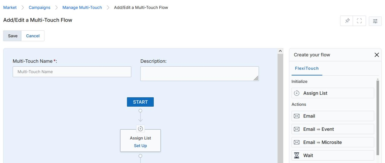 Flow canvas showing START → Assign List (Set Up) node connected with an arrow, with Drop Action placeholder below and Email, Email→Event, Email→Microsite, Wait and Conditions visible in the right panel