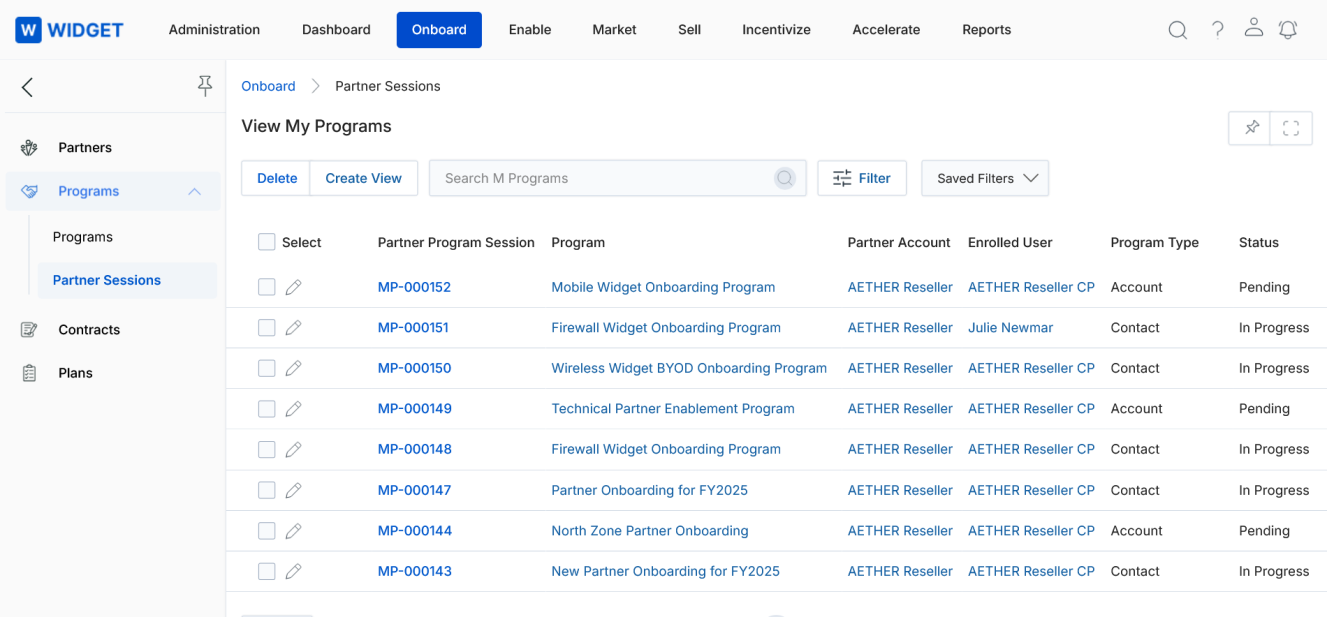 View My Programs — listing partner sessions with Program, Account, User, Type, and Status columns