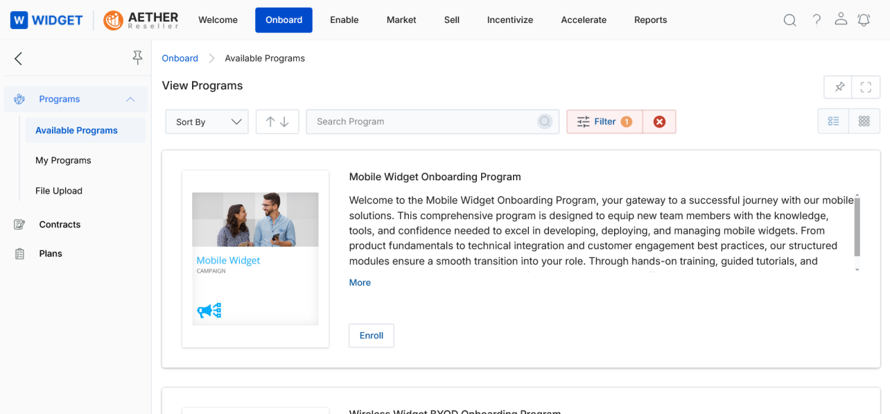 View Programs page — Sort By, Search Program, Filter toolbar with Enroll button on each program card