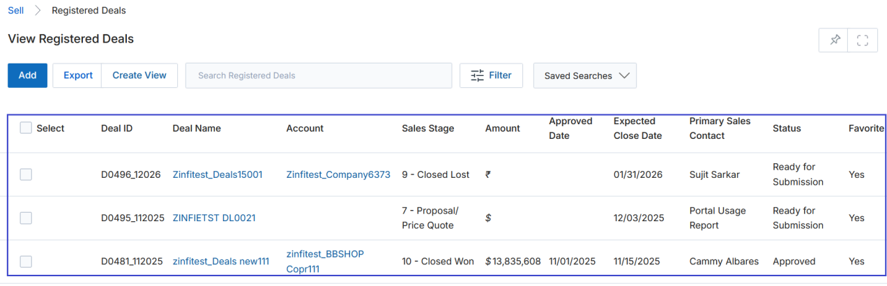 View a Registered Deal — full detail page showing Deal Information, Partner, Deal Line Items, Tasks, Notes, and Approval History sections