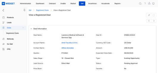 View a Registered Deal — detail page showing Deal Information section with fields such as Deal Name, Account Name, Contact Name, Quarter, Sales Stage, Lead Source, Status, and Favorite